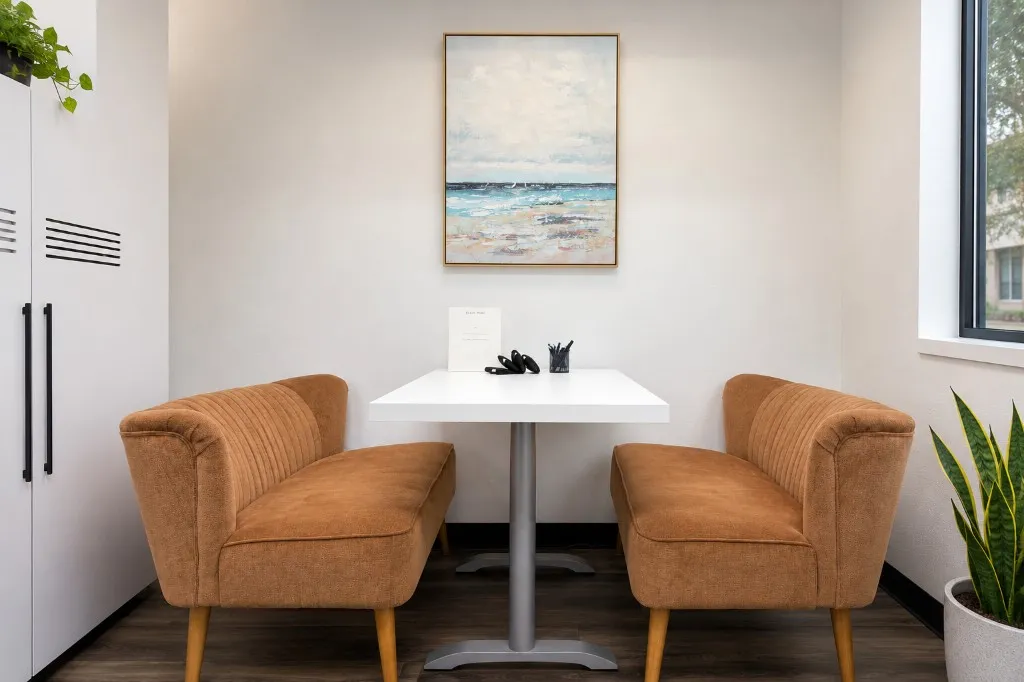 Shared breakout space with facing loveseats, pedestal table, and coastal wall art