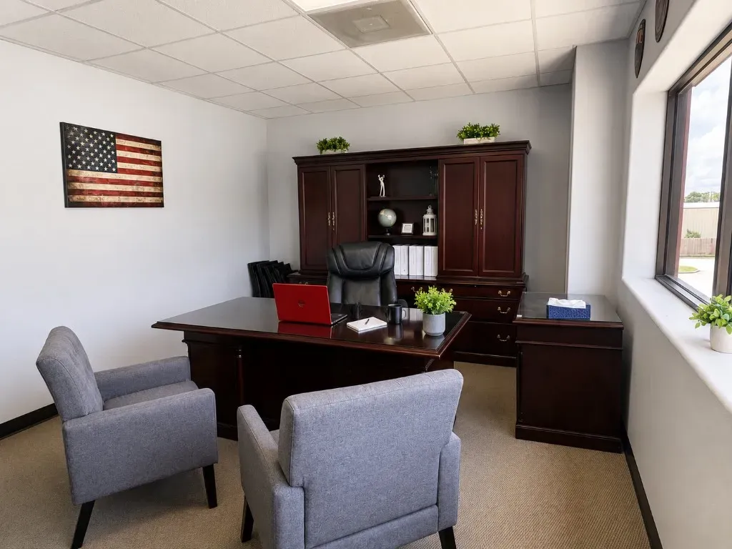 Classic executive private office with dark wood desk, guest chairs, and large window