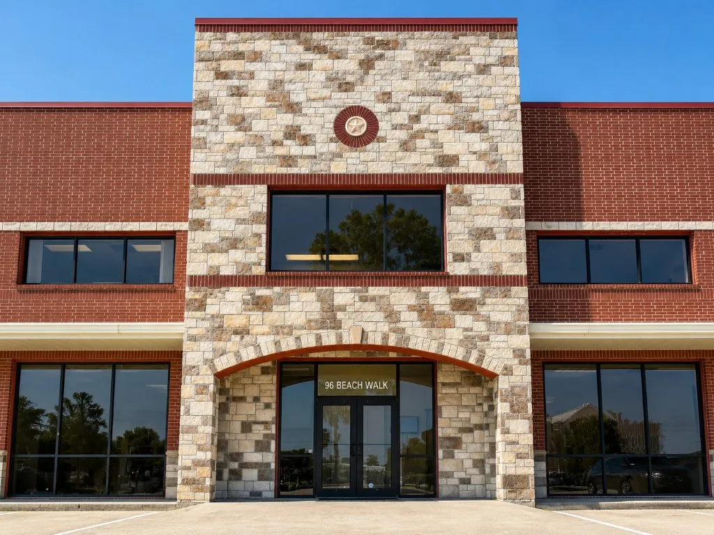 Straight-on exterior of Beach Walk Office Suites at 96 Beach Walk Blvd., showing the stone entrance tower and brick wings