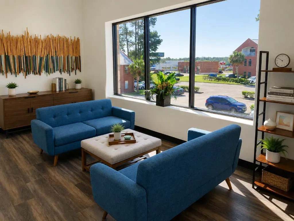 Quiet lounge with high-back privacy chairs for focused conversation