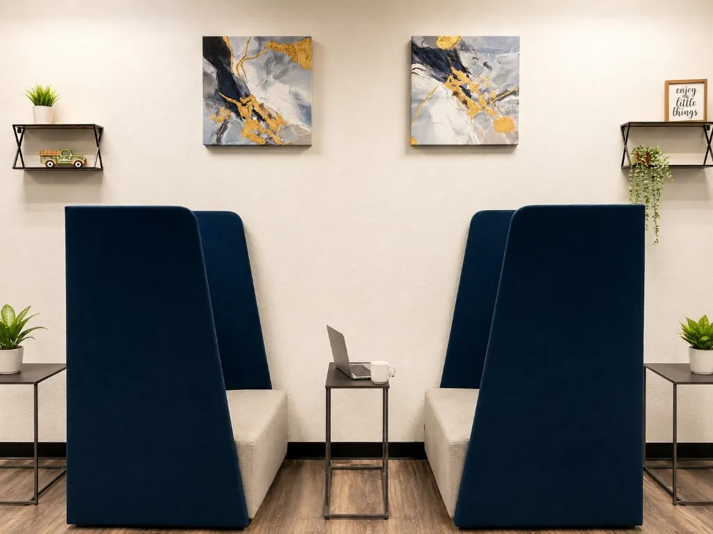 Quiet lounge with high-back privacy chairs for focused conversation