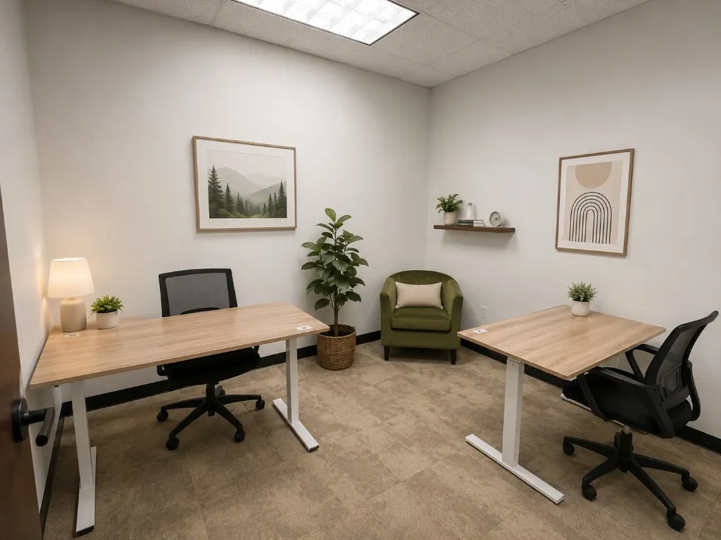 Bright private interior office with dual workstations and a green accent chair
